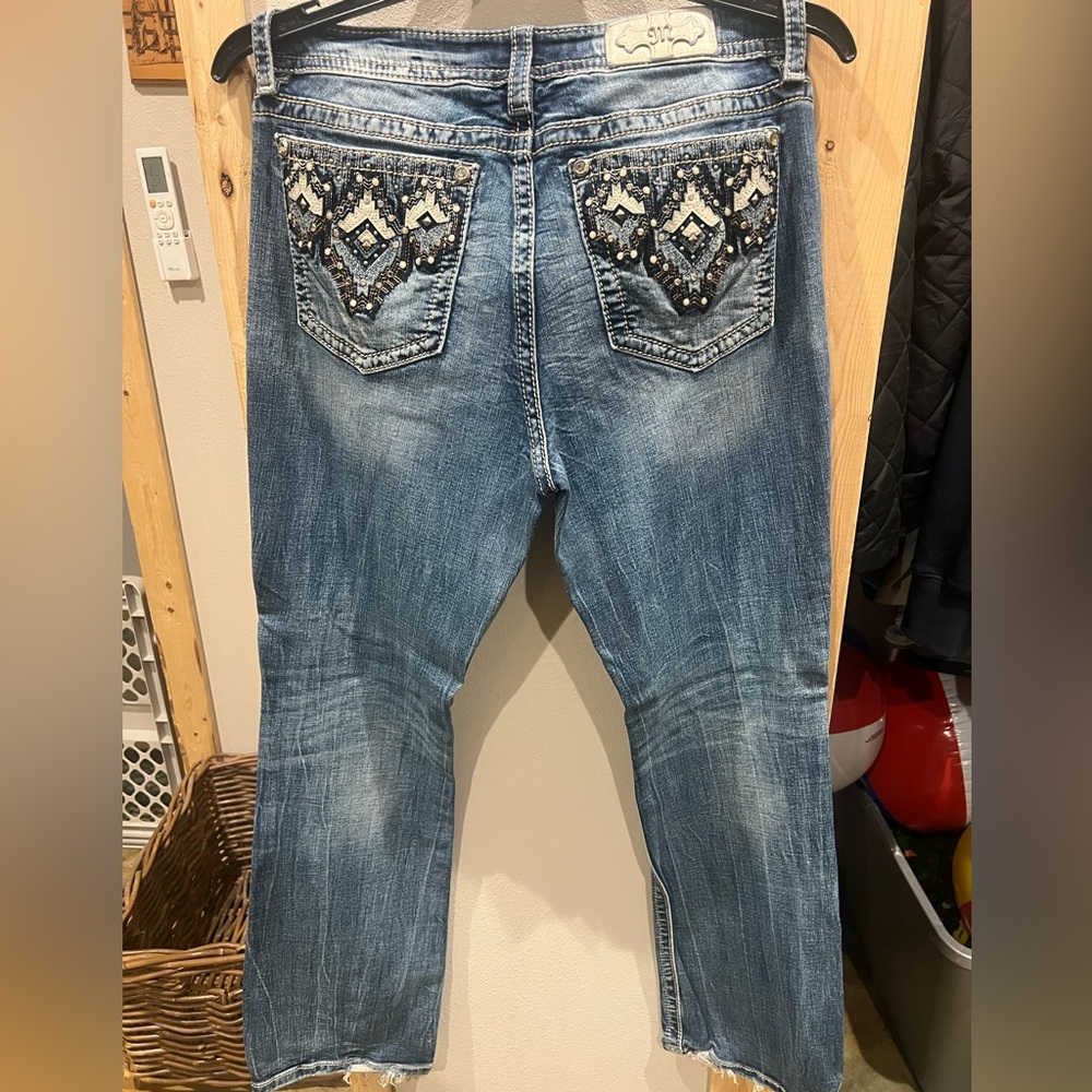 Miss Me Blue Cropped Jeans with Embellished Pockets